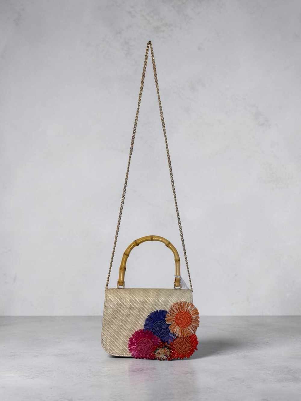 Haute Hippie Straw Crossbody with Bamboo Handle and Multicolor Pom-Poms - Picture 3 of 10